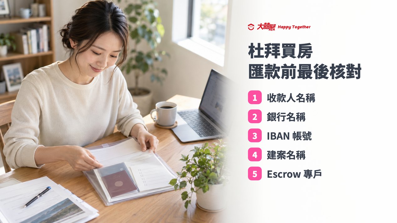 杜拜買房匯款前最後核對:收款人名稱、銀行名稱、IBAN 帳號、建案名稱、Escrow 專戶