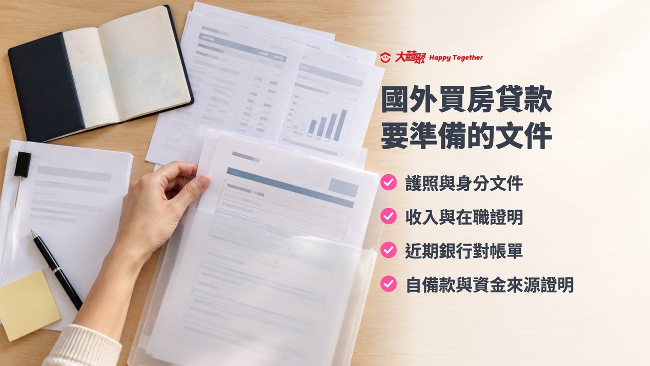 國外買房貸款要準備的文件:護照與身分文件、收入與在職證明、近期銀行對帳單、自備款與資金來源證明